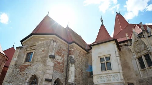View of the Corvin Castle facade located in Hunedoara, Romania