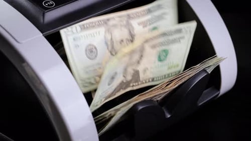 Money counting machine. Slow Motion.