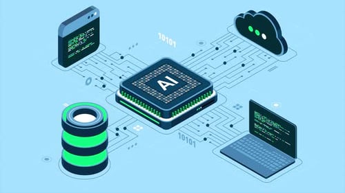 Isometric artificial intelligence chip animation. Artificial Intelligence server. Futuristic