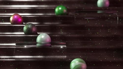 Galactic 3D Animation of Planets and Glass Spheres in a Cosmic Pinball Game on a Starry Purple Field