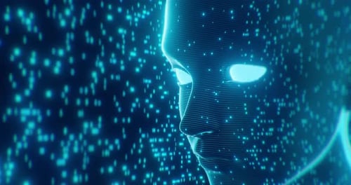Artificial Intelligence Head with Digital Data Background