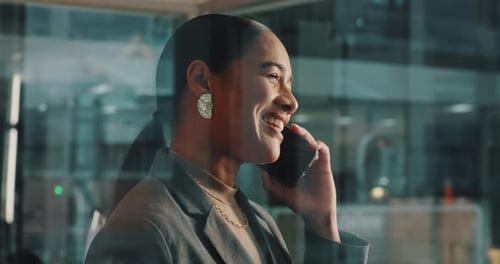 Happy woman, night and talking with phone call for business discussion, proposal