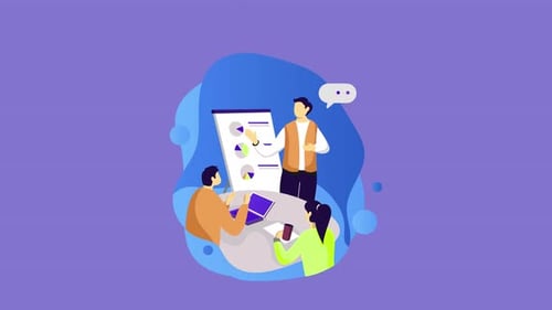 Escena animada de la reunión del equipo de marketing