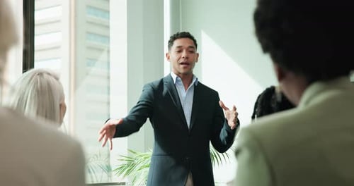 Man, presentation and meeting for team question in office, support and employee engagement