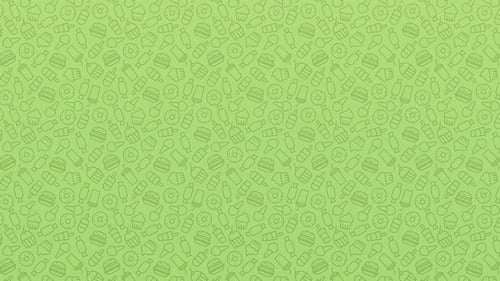 Coleção Yum: Um fundo verde com símbolos de comida rolando de cima para baixo