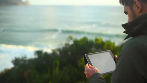 Outdoor, travel and man with a tablet, photography and view with connection
