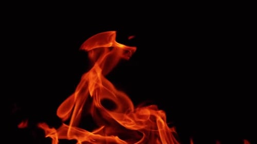 Flames of bonfire blown by the wind to the left. Campfire top part at night. Close up.