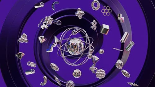 3D Abstract Geometric Shapes with Spinning Purple Background. 3D Animation