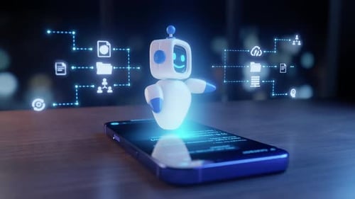 AI Chatbot Robot Emerging from Smartphone with Data Network