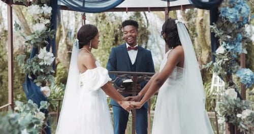 Women, lesbian wedding and ceremony outdoor with priest for love, celebration