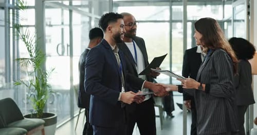 Introduction, handshake and business people at onboarding seminar with opportunity