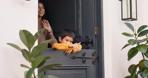 Mother, father and child at door of home enjoying new house for bonding, quality time and trust