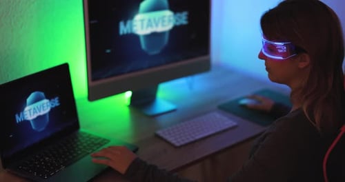 Young woman explores the metaverse with augmented reality glasses at home