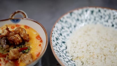 Serving Spicy Vietnamese Soup with Rice in Plate Traditional Asian Cuisine in Restaurant Closeup