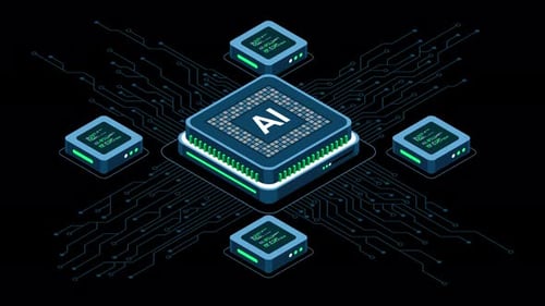 Isometric artificial intelligence chip animation. Artificial Intelligence concept. Futuristic