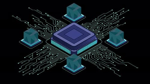 Isometric artificial intelligence chip animation. Artificial intelligence concept. Futuristic