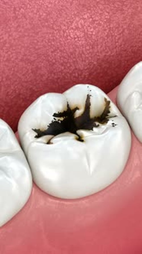 Dentes
molares danificados pela cárie. Animação 3D de dentes com precisão médica