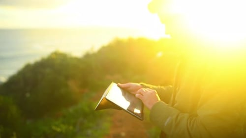 Outdoor, sunshine and man with a tablet, typing and view with connection