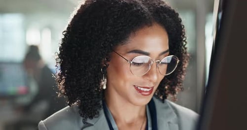 Corporate, business woman and computer with digital planning for administration work at company