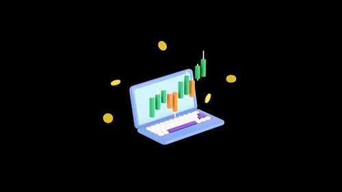 Laptop, Stock candlestick graph and diagram animation. 3d render. Alpha channel