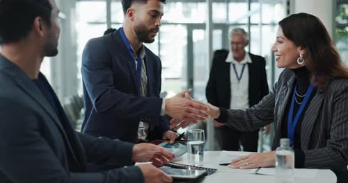 Business, people and shaking hands at corporate seminar with opportunity, onboarding or meeting