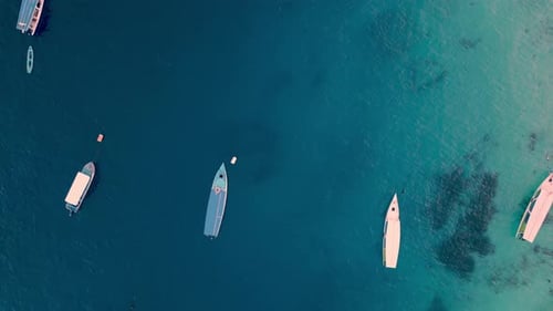 Aerial View on Ocean Boats Floating on Blue Water at Landscape of Summer Sea