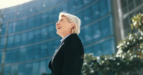 Vision, wind and a business woman in the city for freedom, travel or inspiration on her morning