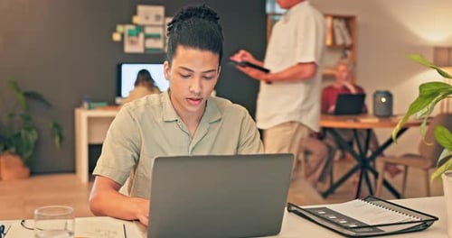 Office, laptop and business man typing feedback review of social network