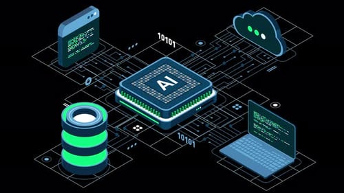Isometric artificial intelligence chip animation. Artificial Intelligence server. Futuristic
