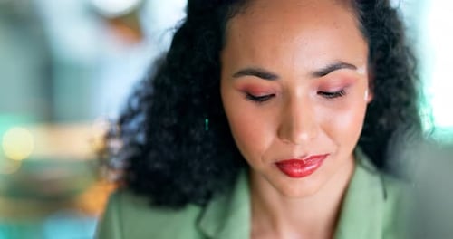 Night, concentration and computer with black woman in office for planning, proposal and deadline