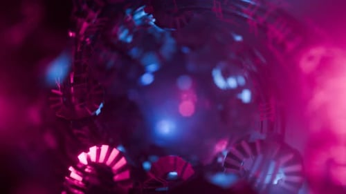 Camera movement in a futuristic tunnel with shallow depth of field and blur. Neon light blue and pin