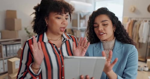 Designer women, tablet and boxes for talking, logistics or planning for fashion