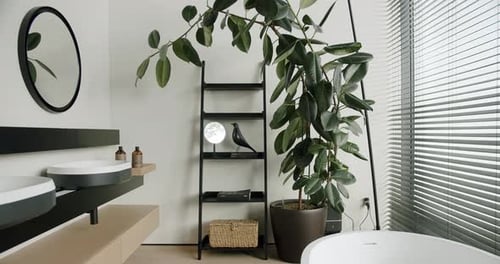 Bathroom with Modern Interior Bathtub Washbowl and Home Decor