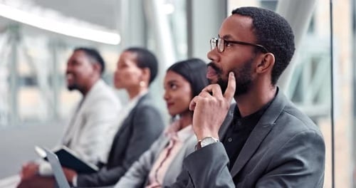 Business people, meeting and listening to presentation, workshop or conference at the office