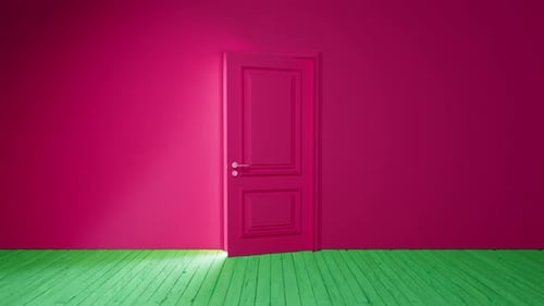 Pink door opening to white light in empty room
