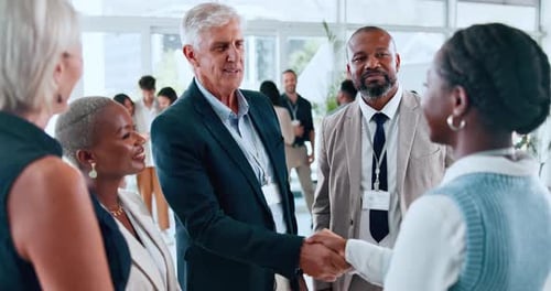 Business people, handshake and meeting in seminar, introduction and discussion at global convention