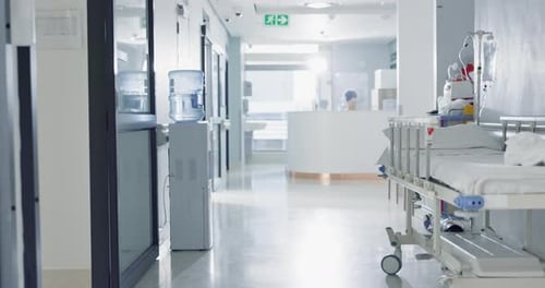 Hospital, healthcare and medical with an empty corridor for wellness, care