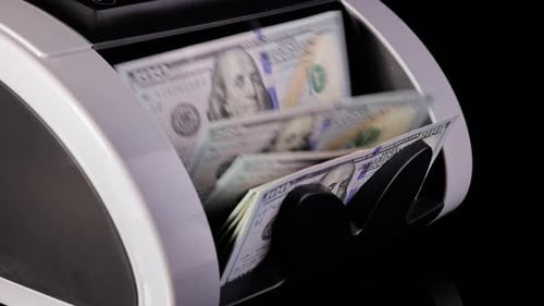 Money counting machine. Slow Motion.