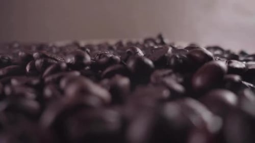 Roasting coffee beans close up view, hot coffee beans