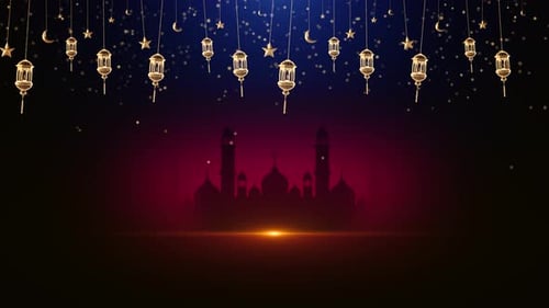 Golden Eid Mubarak Greeting Card Design with Lantern and Crescent Hanging Red