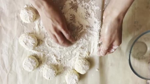 Female Hands Sculpting Cottage Cheese Pancakes on Cuisine Table Arms of Young Woman Preparing Tasty