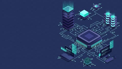 Isometric artificial intelligence chip animation. Artificial intelligence server. Futuristic