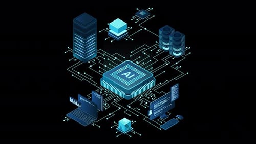 Isometric artificial intelligence chip animation. Artificial Intelligence server