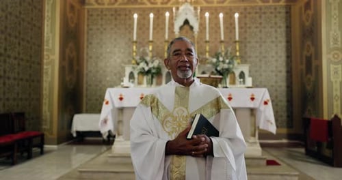 Preaching, bible and priest in church for religion, spiritual and worship sermon for congregation