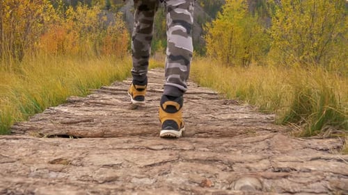Tourist Man Walks on Trip Natural Landscape in Hike Boots Wooden Trail Closeup