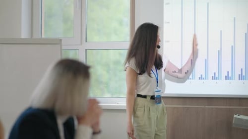 Business Seminar with Professional Economist or Financial Analyst Woman is Speaking for Specialists