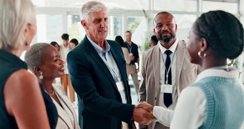 Business people, handshake and meeting in conference, introduction and discussion at global