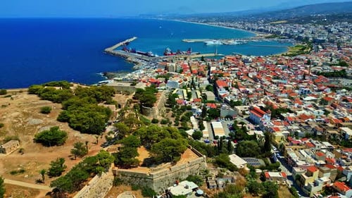 Rethymno or Rethymnon, Greece on the island of Crete with the medieval Venetian Fortezza Castle over