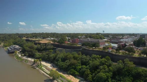 Aerial Drone of Natchez Homes and City Over the Mississippi River