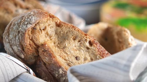 Freshly Baked Bread in Basket CloseUp Artisan Bakery Breakfast Brunch Cozy Homemade Feel